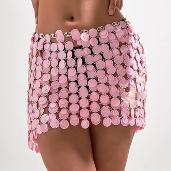 Women’s Pink Sequin Waist Body Chain Sparkly Sequin Skirt - Picture 3 of 12